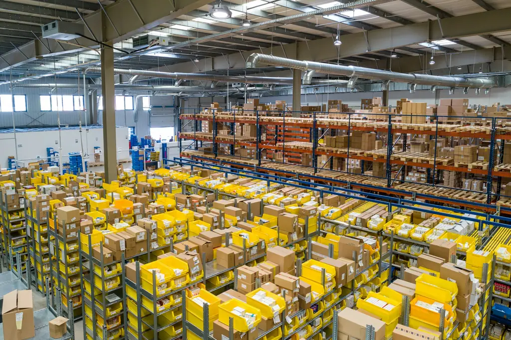 Warehouse shelving stacked with boxes ready for shipping