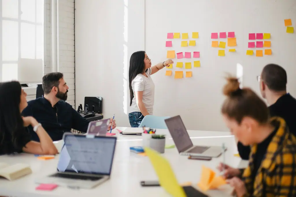 A team gathered around a table during a planning workshop, with coloured sticky notes arranged on the wall behind them